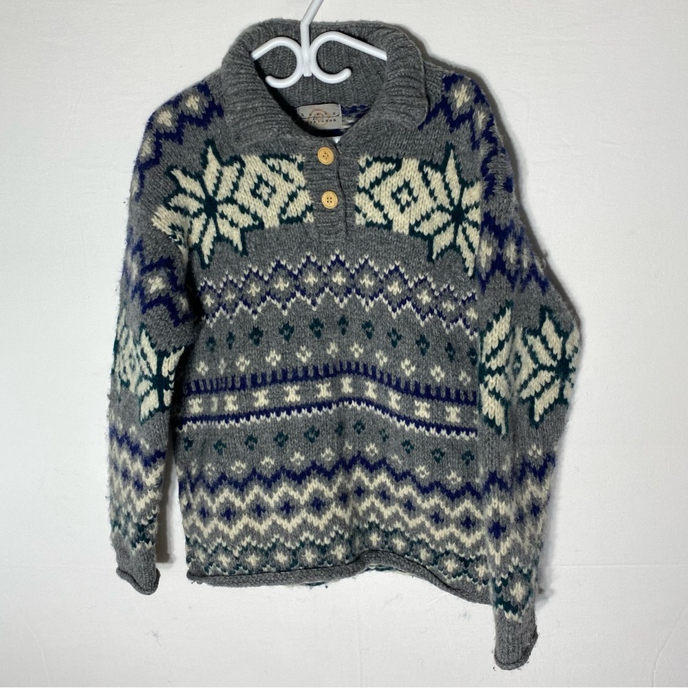 Vintage Nuevo Americana Grey Cream Navy Snowflake Fair Isle Wool Knit Sweater S